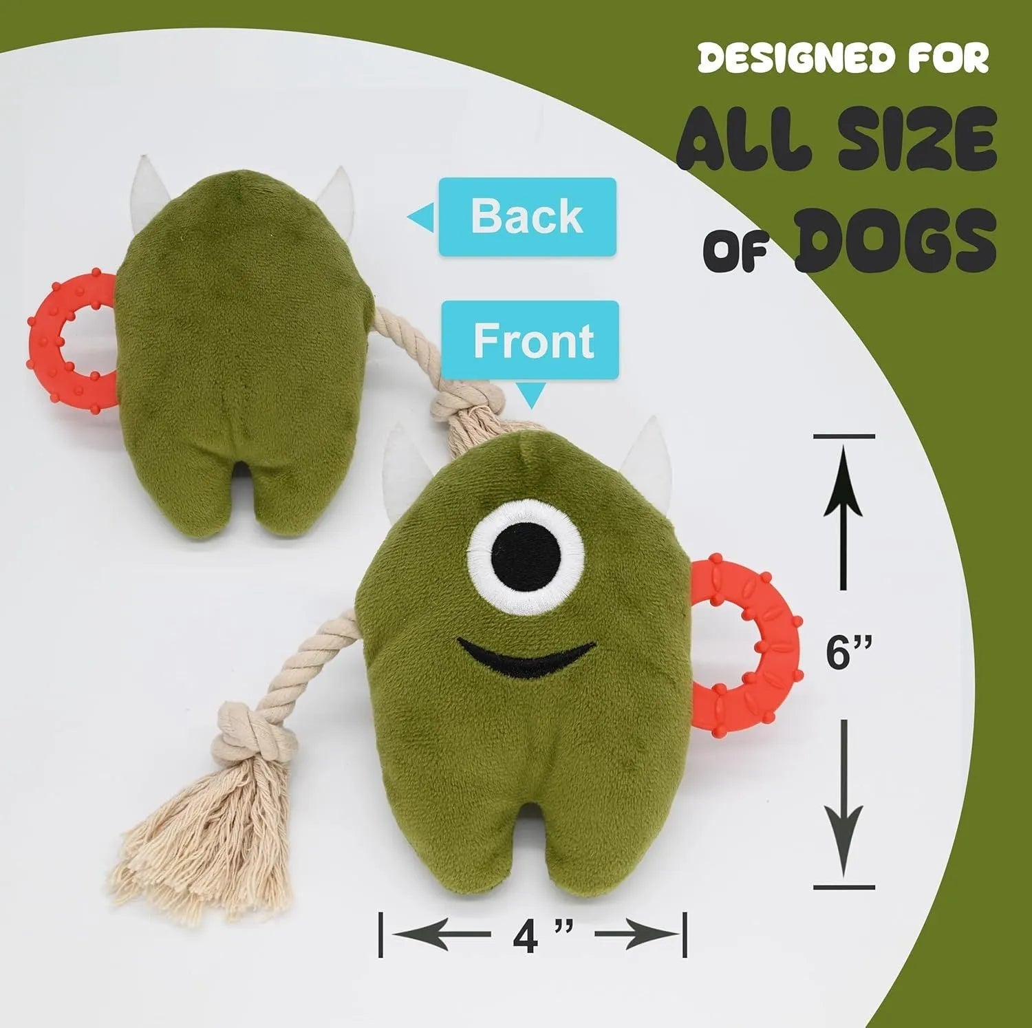 Blue and green stuffed plush dog toy with cotton rope sections and squeaker