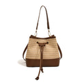 Brown woven straw women's crossbody bucket bag with horizontal square shape and adjustable strap