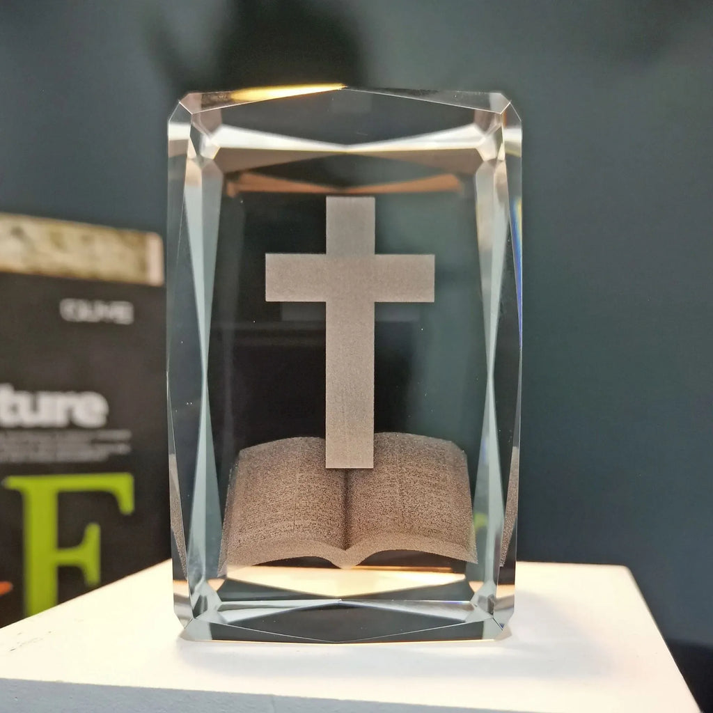 Transparent K9 white crystal cross inner carving 5x8cm with optional square wood warm or coloured USB lamp