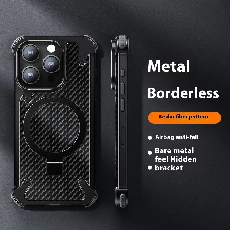 Matte black YILI shell carbon fibre magnetic bracket case for iPhone 16 Pro Max with carved finish