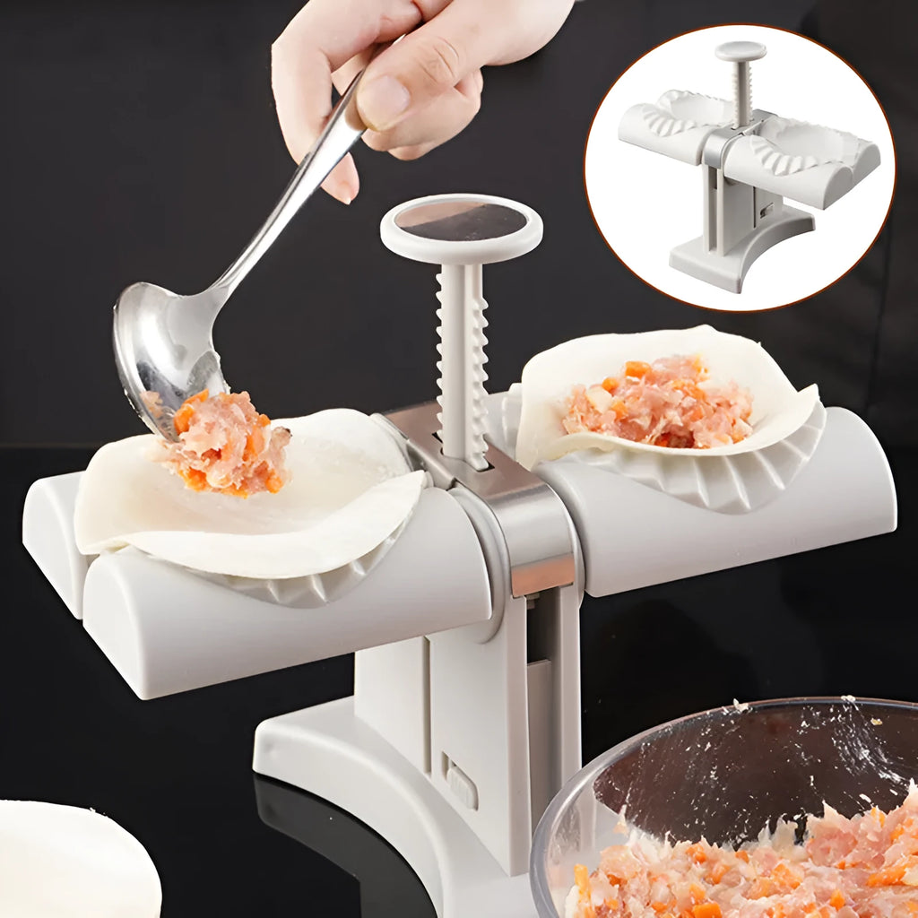 White double head dumpling mould with manual press mechanism and anti-slip rubber base