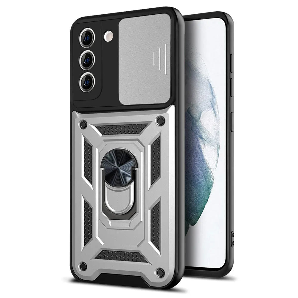 Sergeant Push Window Bracket Ring Phone Case for Samsung in Black, TPU+PC back cover with geometric design