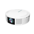 White plastic 720p wireless HD projector with electric focus, remote control, and power cord for home office or theater use.