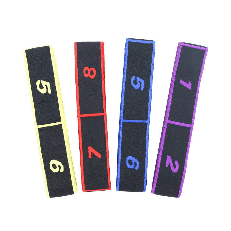 Multi-section elastic yoga stretch strap in various colours for fitness and sports.