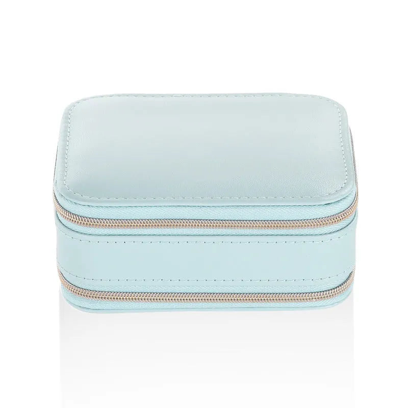 Simple zipper PU leather jewelry box in light blue with compact 11.5cm size and metal zipper closure