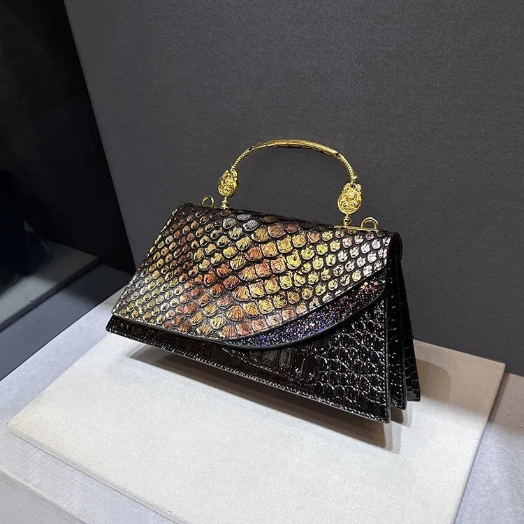 Genuine leather shoulder messenger bag in Black Gold contrast colour horizontal square shape with single strap