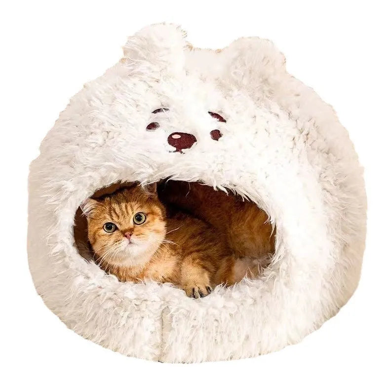 Semi-enclosed plush cat tent kennel with removable cushion in animal design
