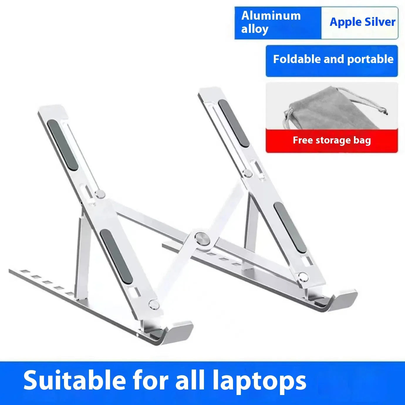 Silver aluminium alloy folding laptop stand holding a laptop, shown alongside its black cloth storage bag.