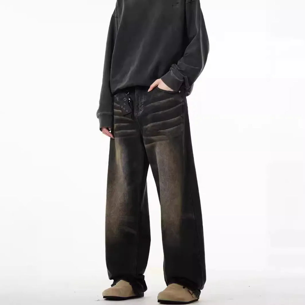 Men's retro straight-leg jeans in Black Gray, low waist, high elasticity denim, available in sizes S-3XL