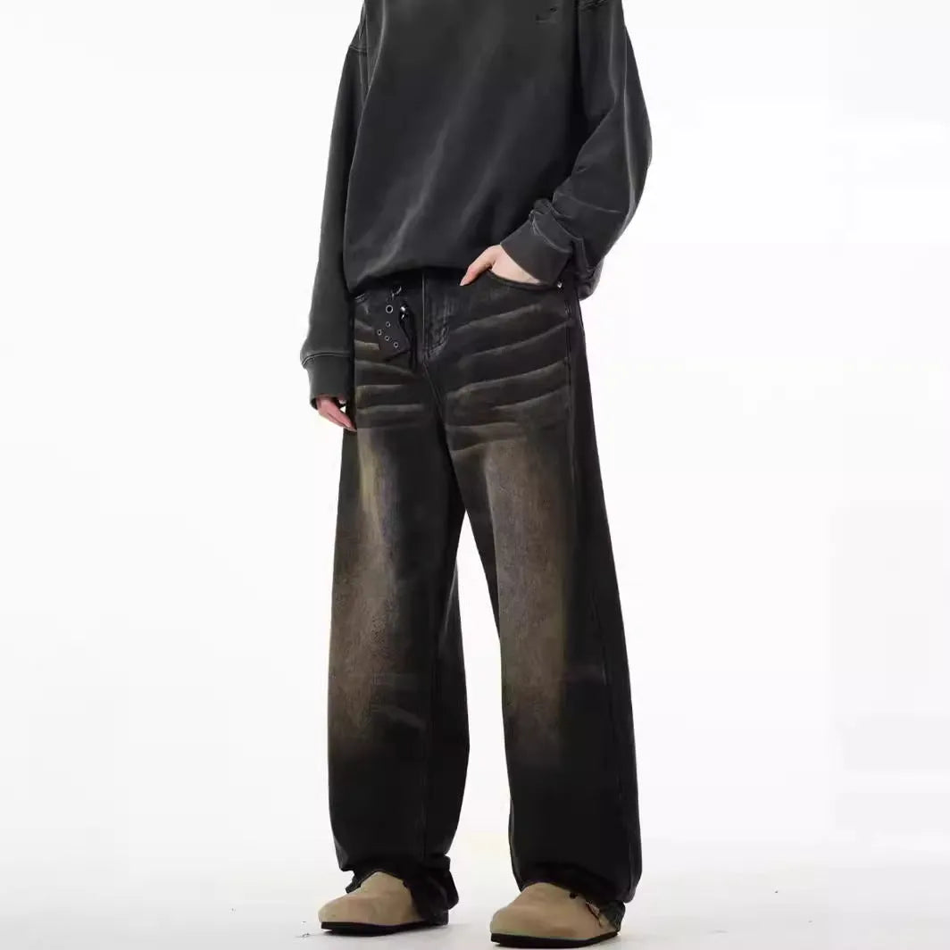 Men's retro straight-leg jeans in Black Gray, low waist, high elasticity denim, available in sizes S-3XL