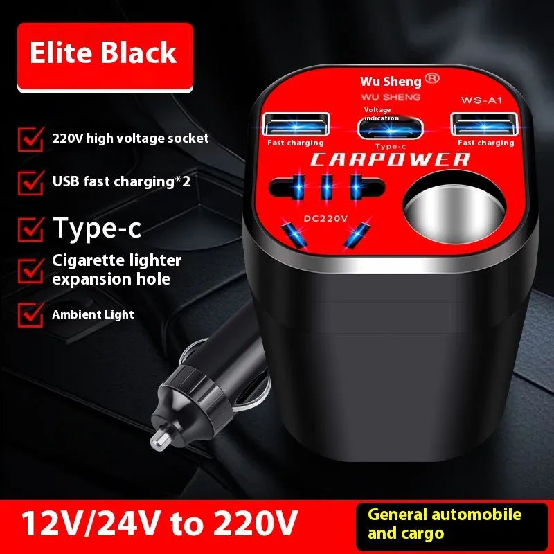 200W car inverter converting 12V/24V to 220V with USB, Type-C, and cigarette lighter expansion port