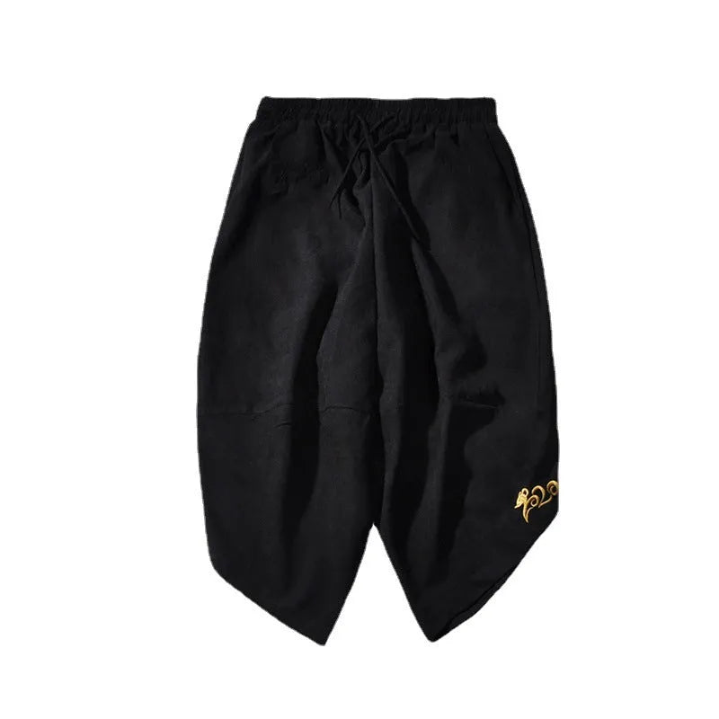 Ice silk harem casual pants for women, loose cropped style, black polyester fibre