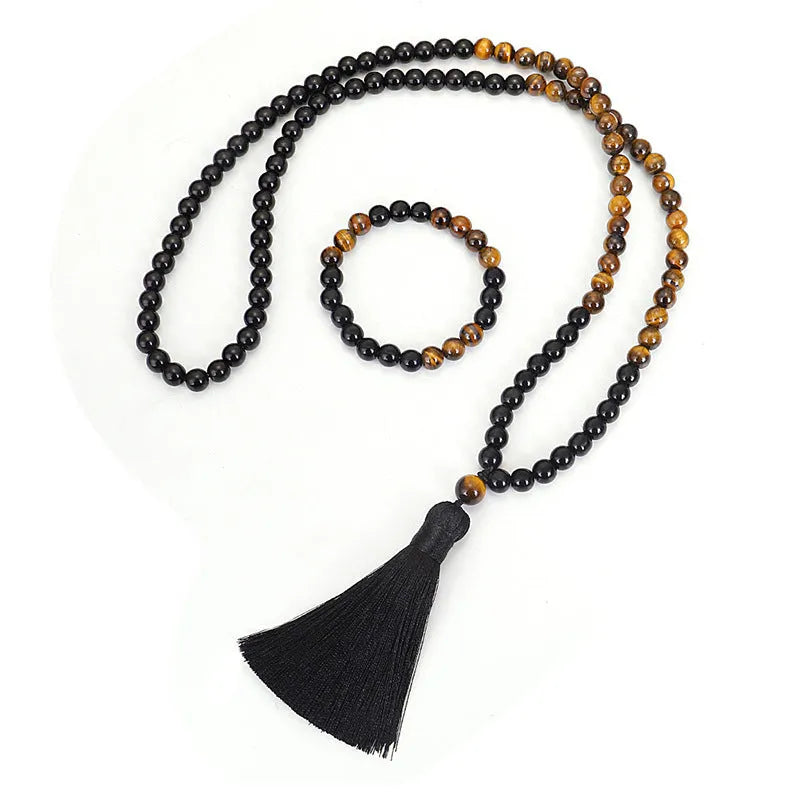 Vintage style tiger eye stone necklace with tassel pendant on ball bead chain