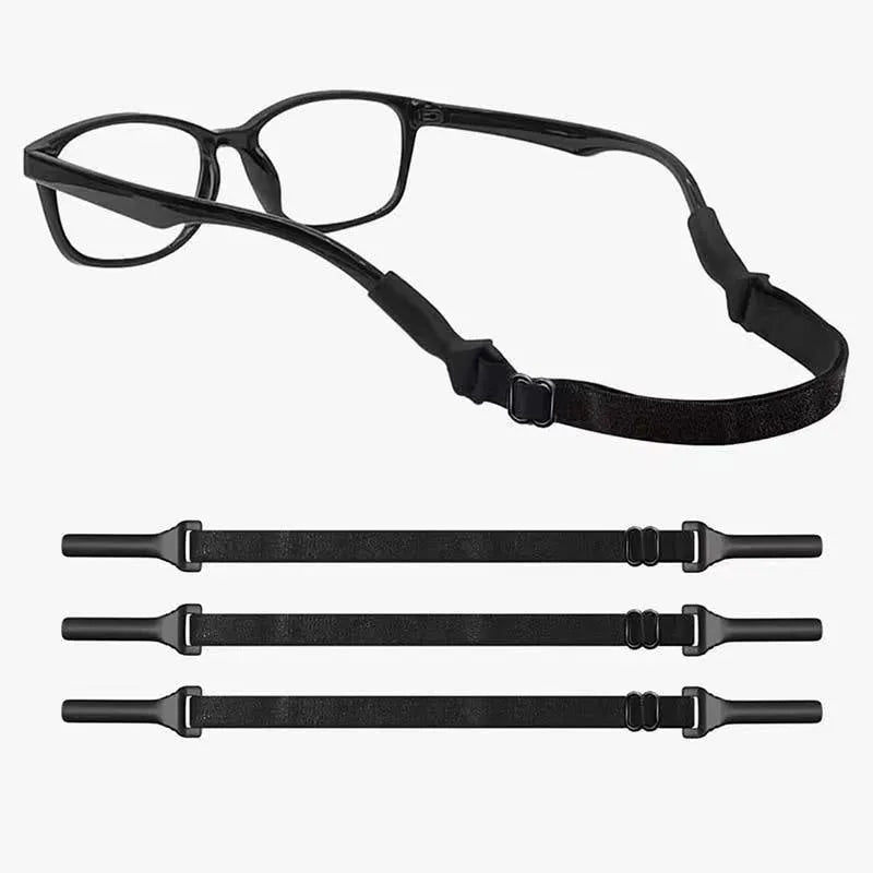 Black adjustable glasses cord strap with silicone ends shown on a pair of spectacles.