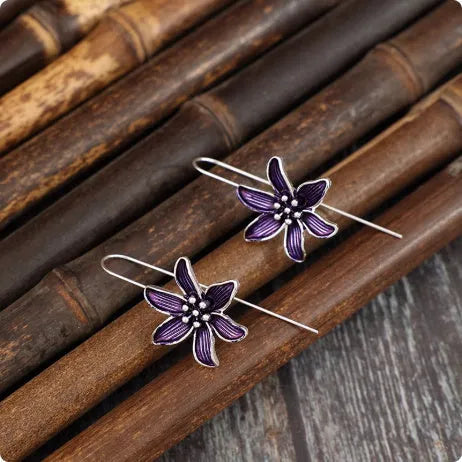 Purple flower-shaped alloy earrings with electroplated finish and retro design for women
