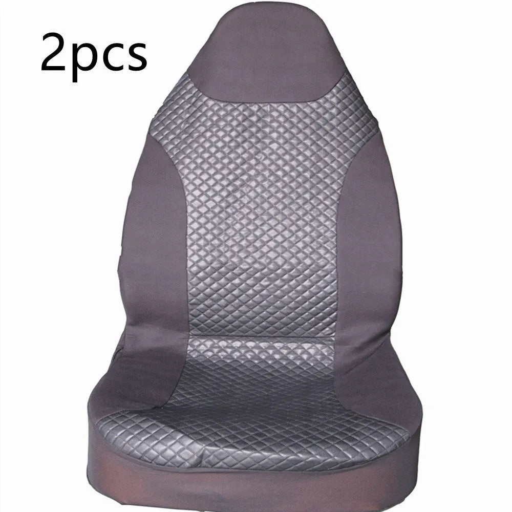 Black quilted automotive seat cover made of PU and polyester fabric with plastic attachment hooks.