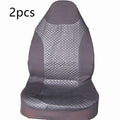 Black quilted automotive seat cover made of PU and polyester fabric with plastic attachment hooks.