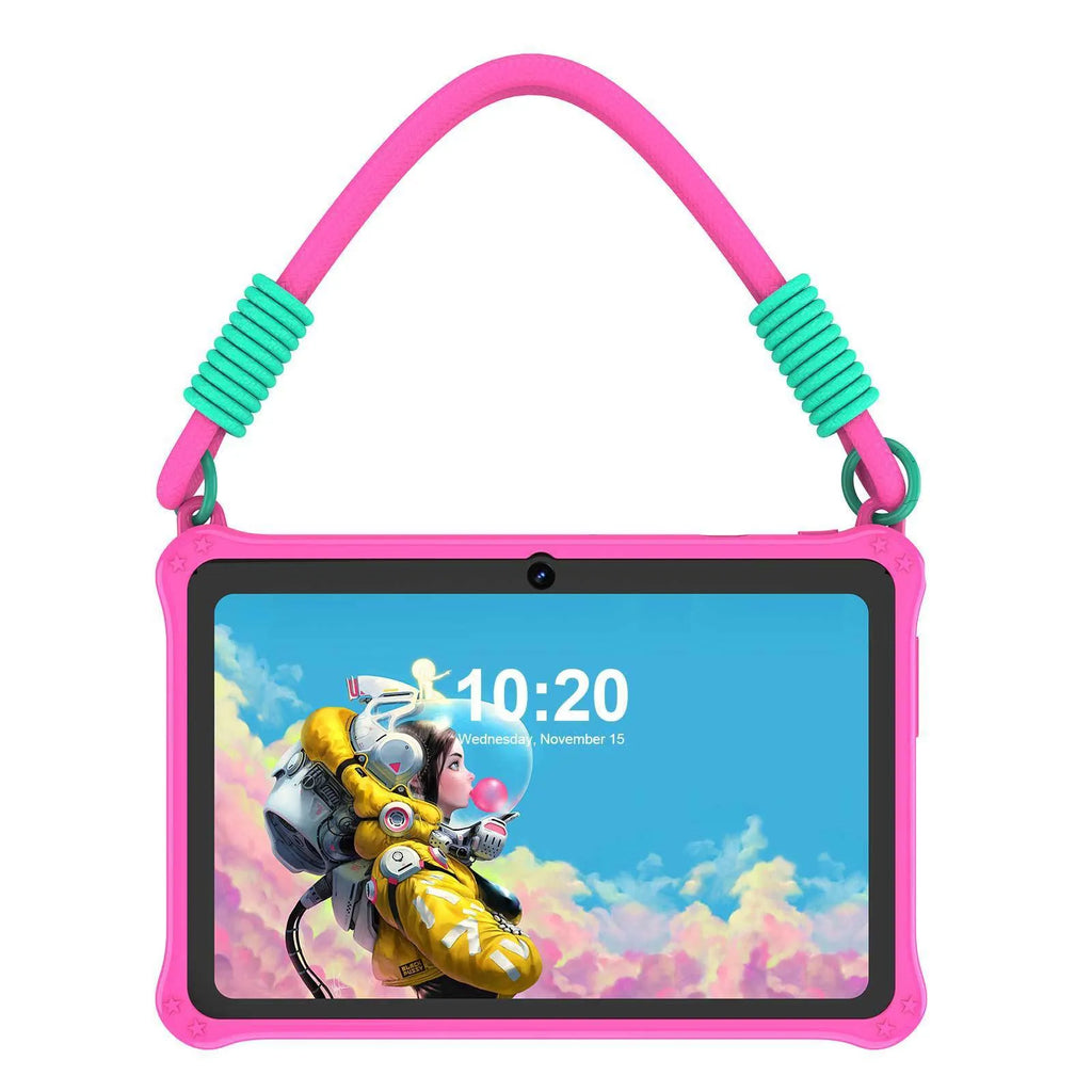 Blue silicone protective case with strap for 7-inch children's tablet showing screen protector
