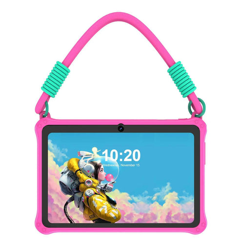 Blue silicone protective case with strap for 7-inch children's tablet showing screen protector