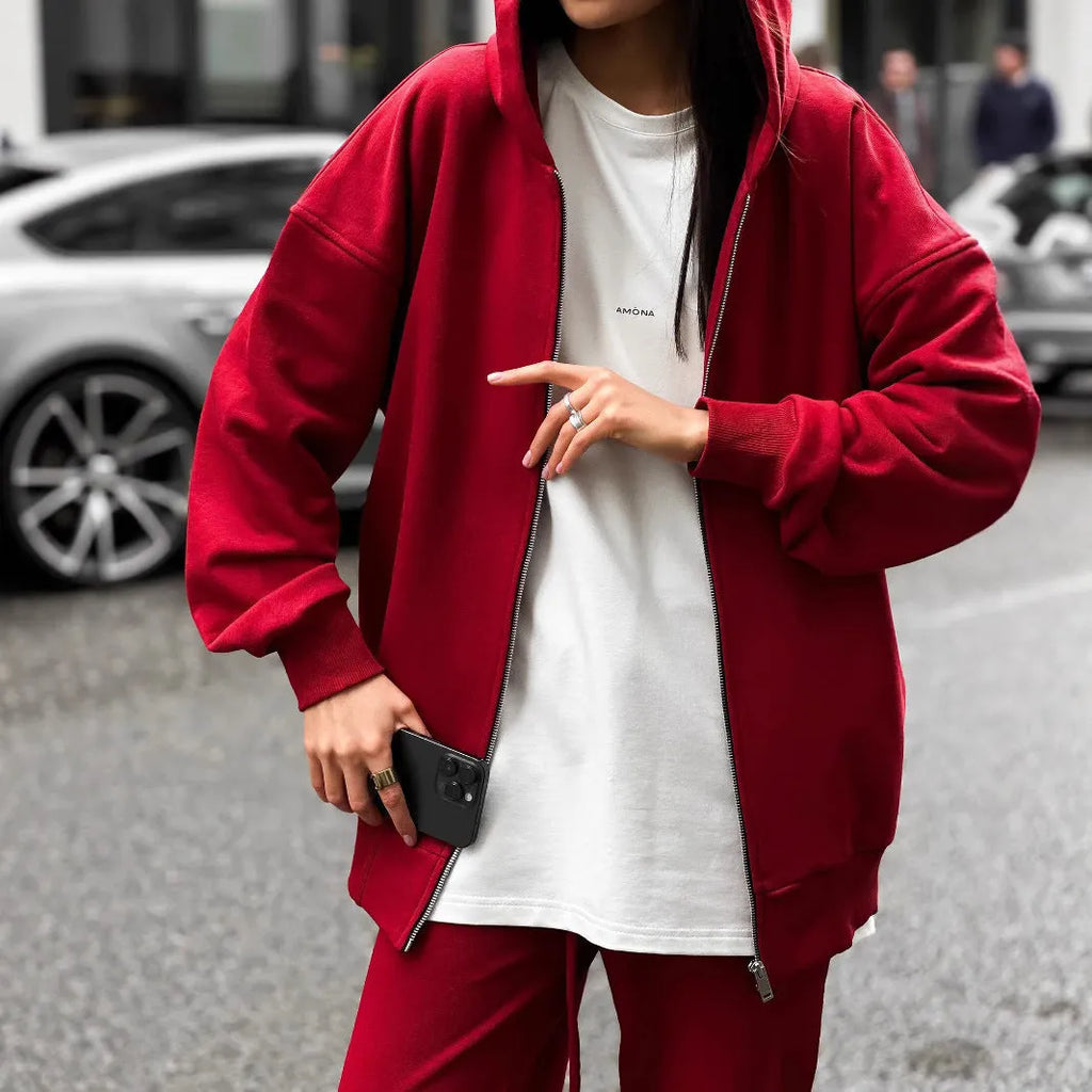 Women's loose fit street style two-piece set with long sleeve coat and trousers in solid colour