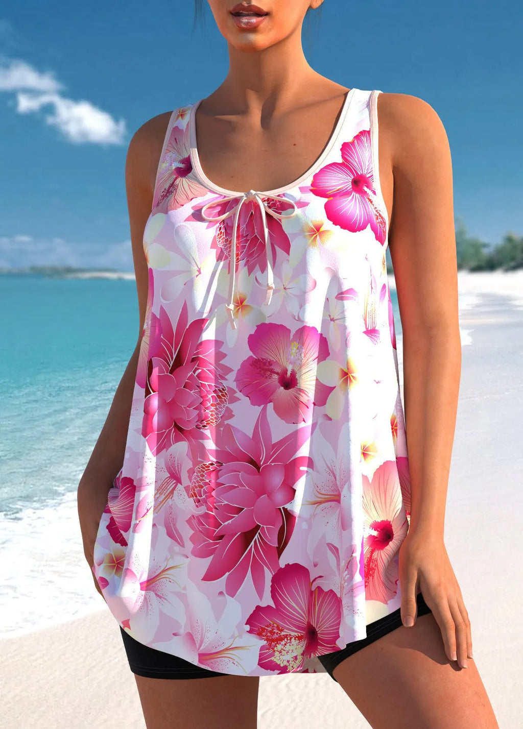 Pink printed plus size tankini swimsuit with separate top and high-waisted briefs