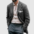 Men's double-breasted suit jacket in polyester blend with notch lapel, long sleeves, regular length fit