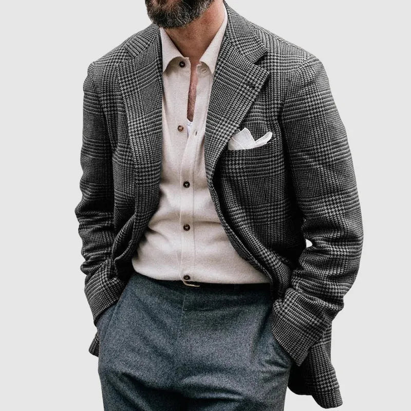 Men's double-breasted suit jacket in polyester blend with notch lapel, long sleeves, regular length fit