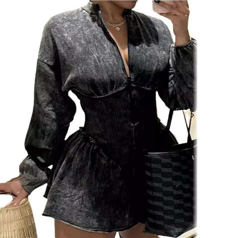 Grey women's slim-fit A-line dress with digital print, drawstring waist, and long sleeves.