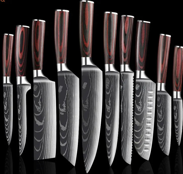 Carpenter's Special kitchen knife with laser Damascus pattern blade and coloured wood handle