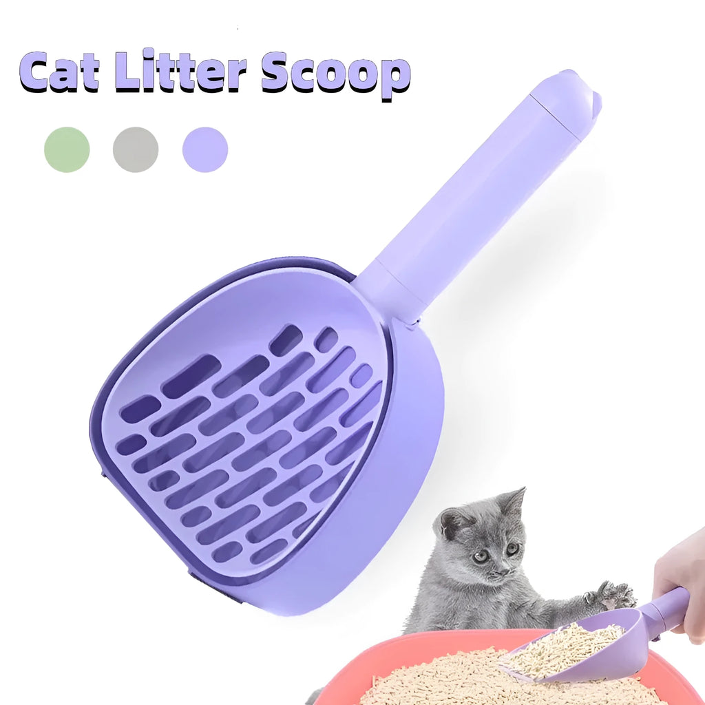 White ABS plastic cat litter scoop with a stand-up base and hidden bag storage compartment.