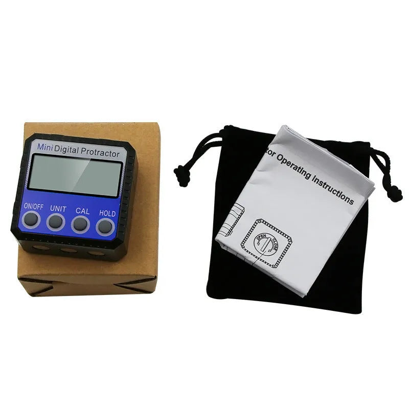 Blue digital inclinometer with magnetic flip base, 52x52x28mm, 4x90° range