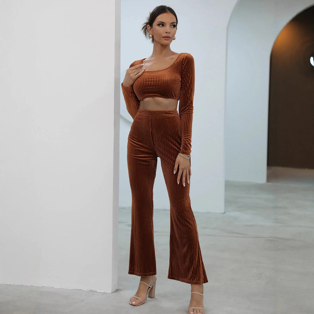Caramel long sleeve sweater casual set with top and pants, sizes S to XXXL