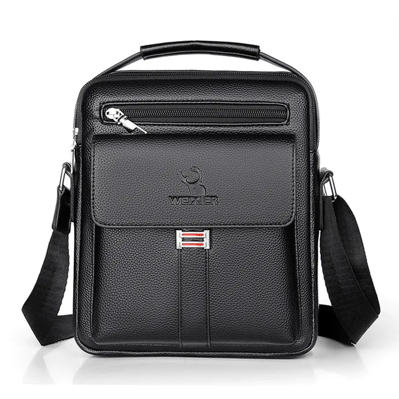 Men's PU leather crossbody shoulder bag in black plain finish with visible sewing line detail and crossbody strap