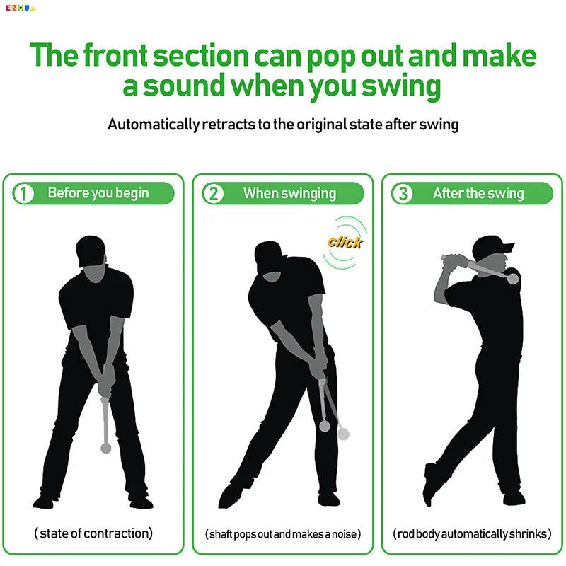 A telescopic stainless steel golf swing trainer extended to full height on a green background.