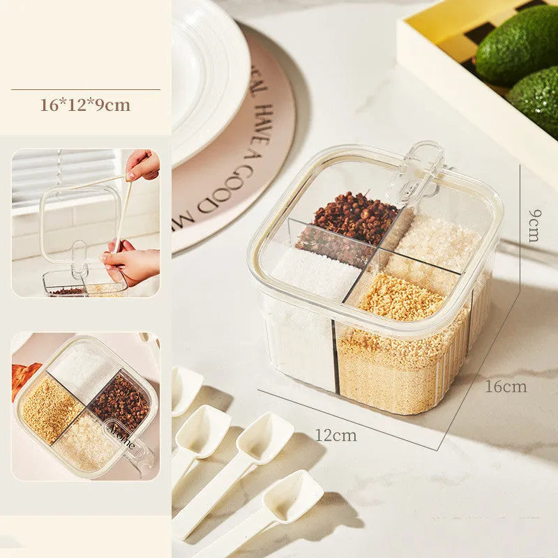 White rotating kitchen storage bucket with four-compartment spice box lid next to cutlery.