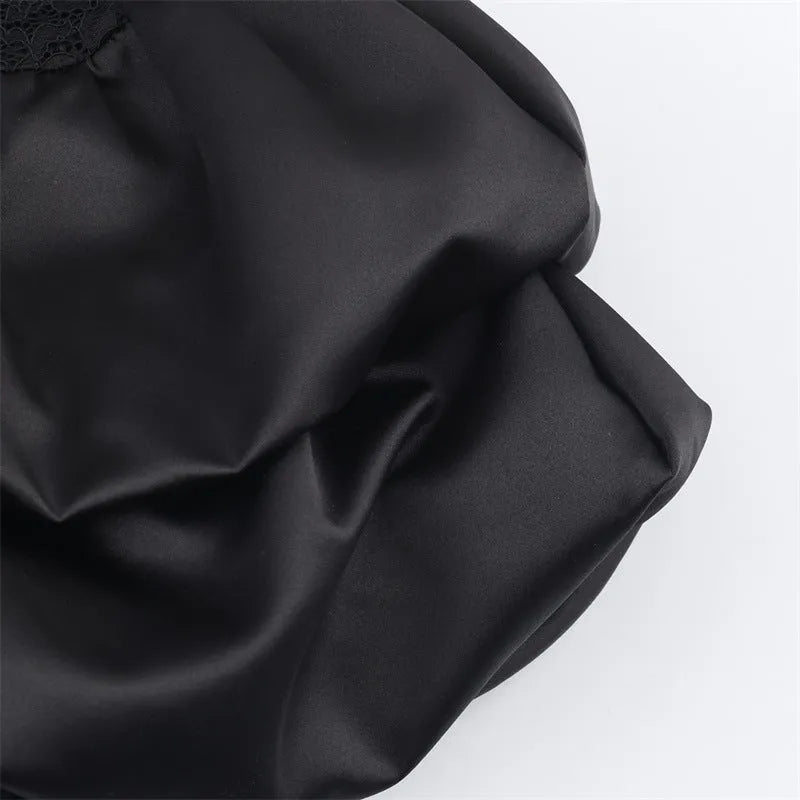 Women's simple stitching lace short dress in black with asymmetric hem and mid waist