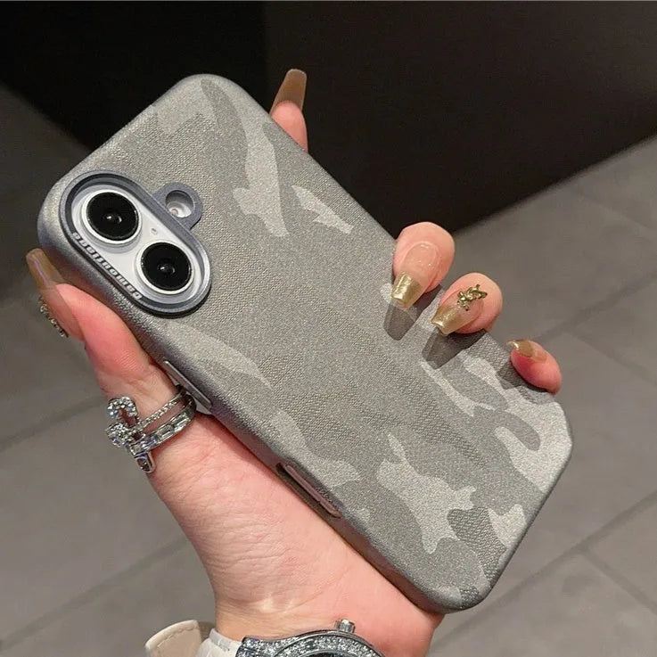 Camouflage leather mobile phone protective cover with magnetic suction and shockproof for iPhone 15 Pro Max