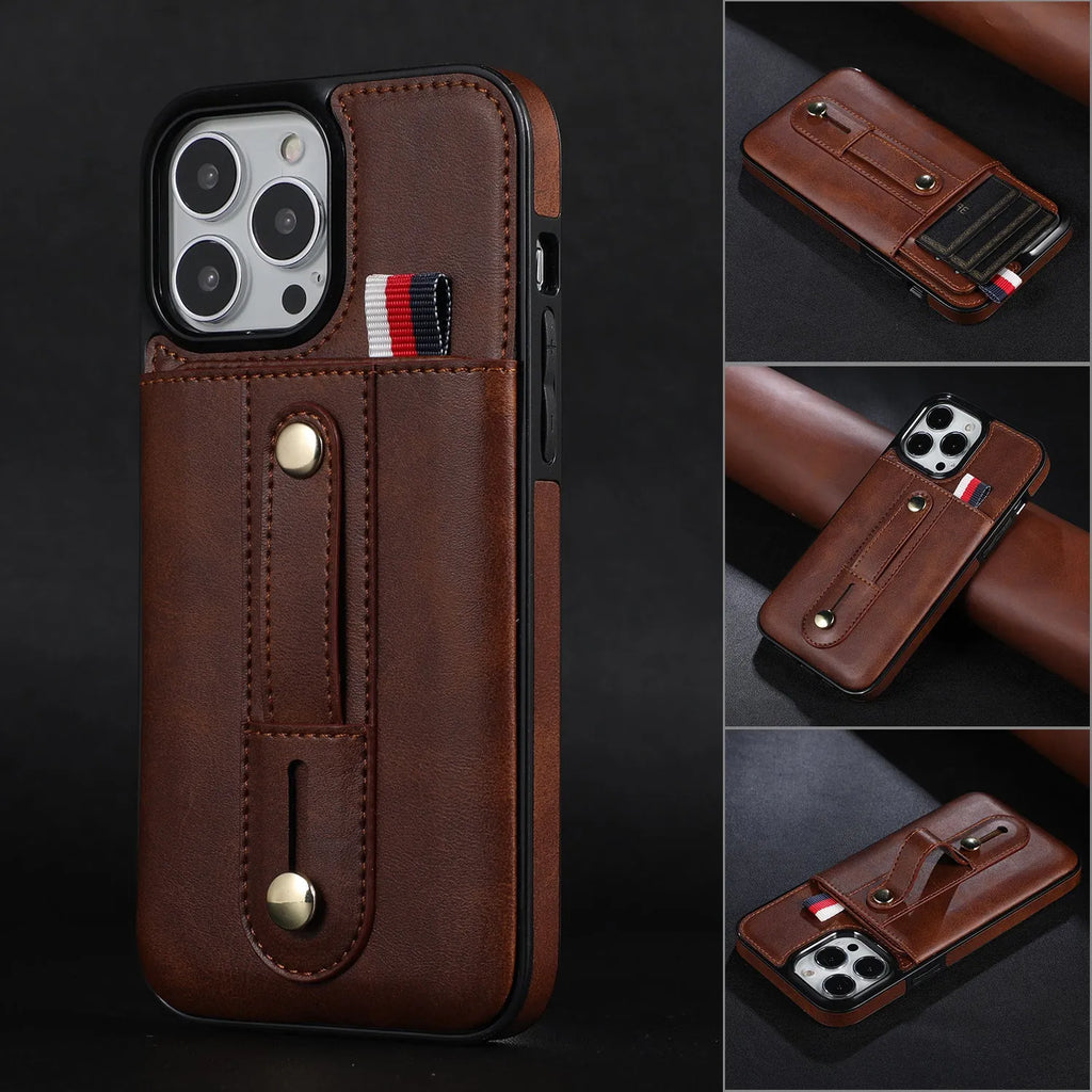PU leather ring buckle card phone case for iPhone with bracket, showing card slot and ring grip on black back cover