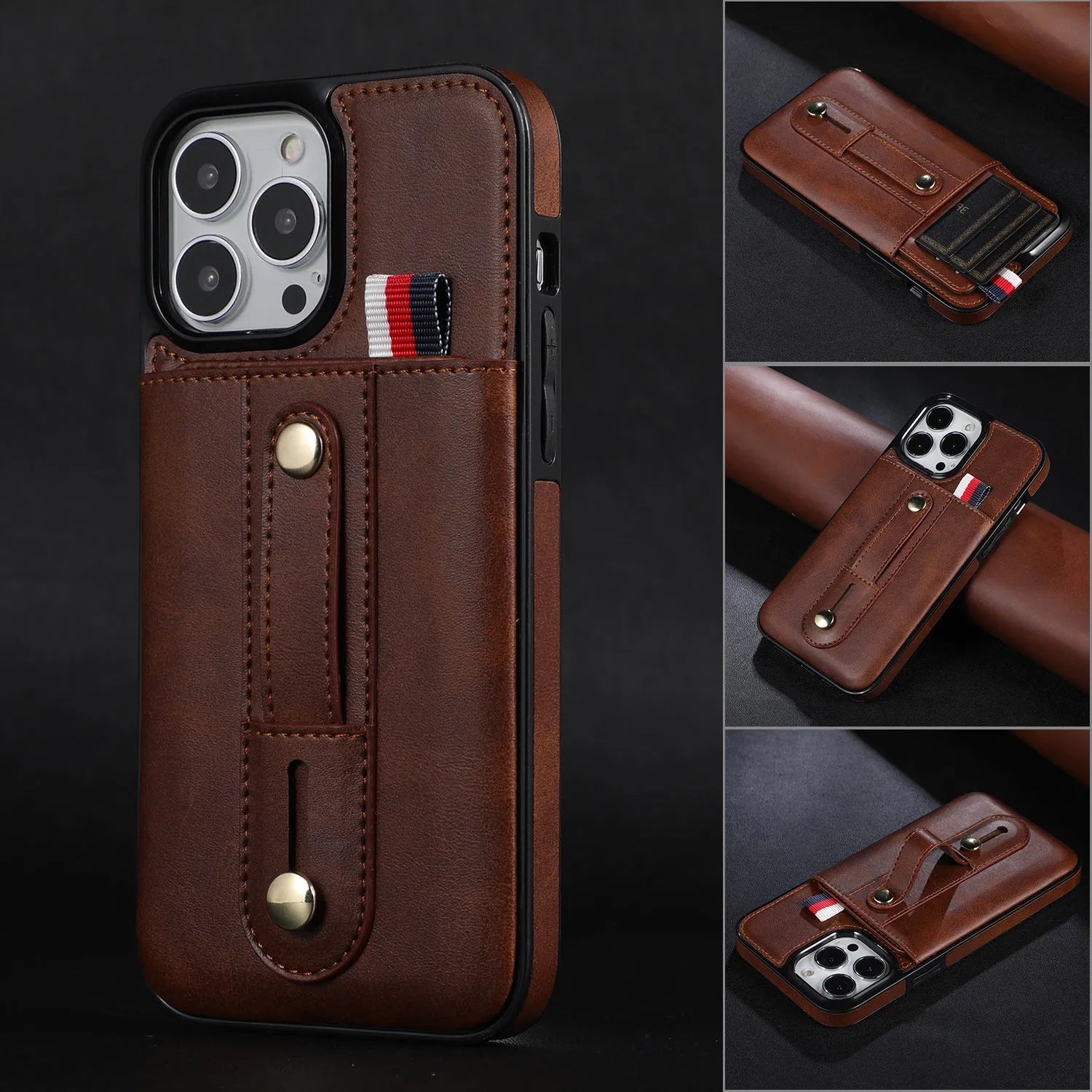 PU leather ring buckle card phone case for iPhone with bracket, showing card slot and ring grip on black back cover