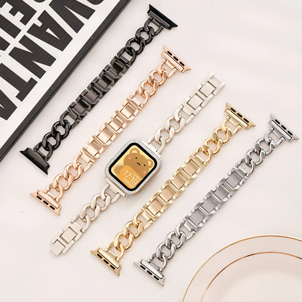 Metallic denim chain watch strap for Apple iPhone in silver, black, gold, rose gold, starlight colours