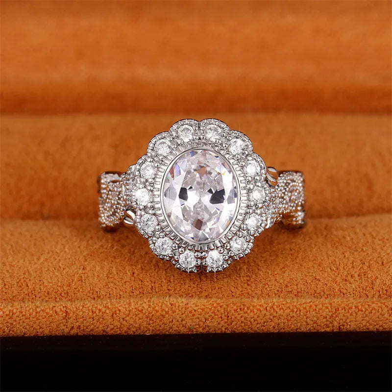 Women's copper ring with white gold plating and full round zircon stone setting in a geometry shape.