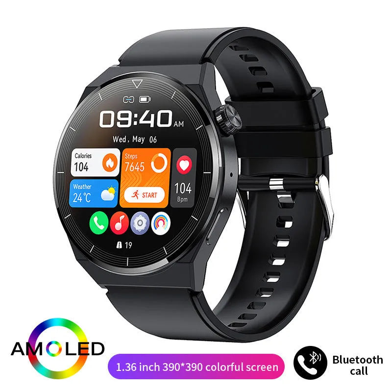 Black and silver smartwatch with silicone strap showing a heart rate monitoring display on its touchscreen.