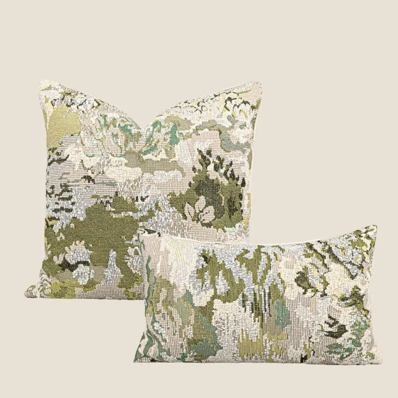 Antique green wool blended abstract pillow with spring flowers pattern in 50x50cm square size.