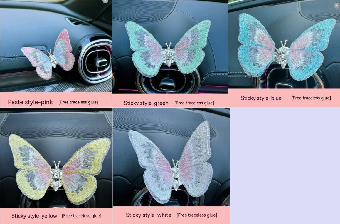 Moving embroidery butterfly fabric car centre console air vent decoration in multiple colour options