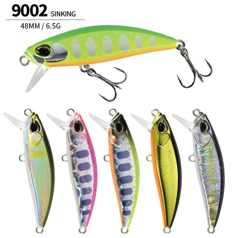 Tossing Japanese Submerged Mino hard fishing lure in multiple colours, showing 48mm size and detailed minnow shape.
