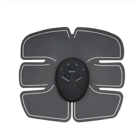 Compact EMS hip muscle training stimulator device with adhesive gel pads for buttocks and abdomen.
