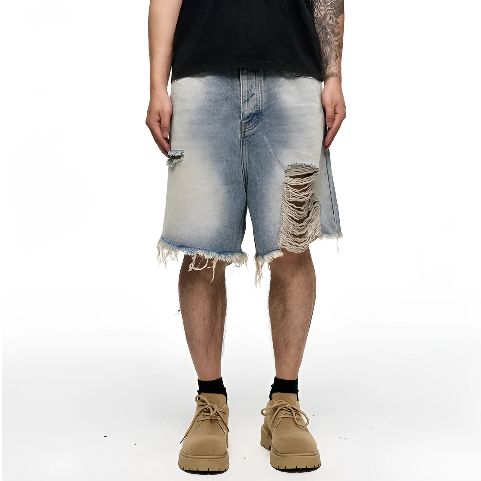 Men's light blue baggy denim shorts with retro washed finish and wide leg design