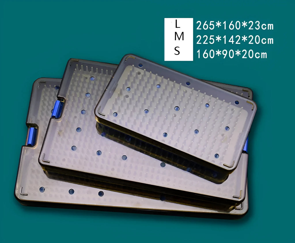 Flexible transparent silicone disinfection box with lid for UV steriliser, shown in three sizes.