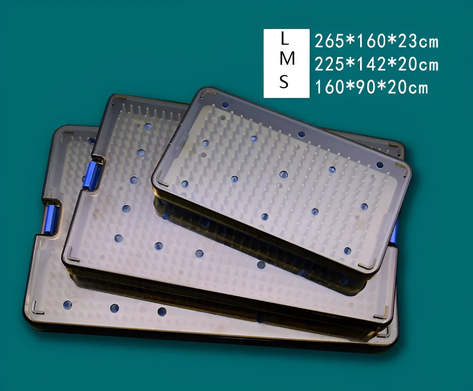 Flexible transparent silicone disinfection box with lid for UV steriliser, shown in three sizes.
