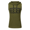 Men's sleeveless letter print hoodie vest in white, black or army green, with patch pocket and round hem.